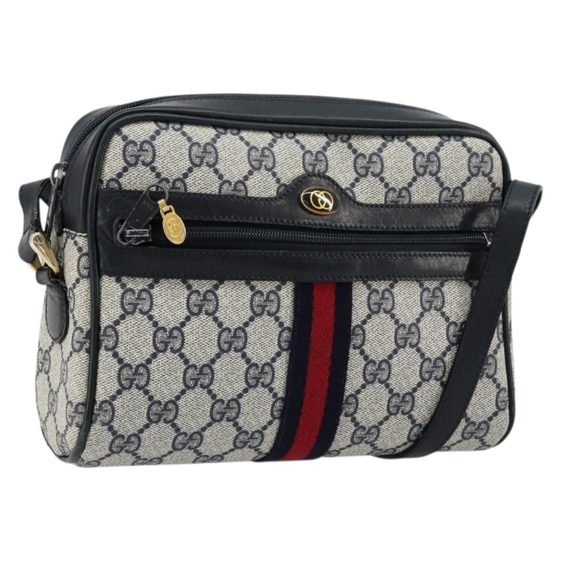 Gucci Sherry Line Navy Gold PVC Shoulder Bag 010 378: Gucci Sherry Line Navy Gold PVC Shoulder Bag 010 378 This GUCCI GG Supreme Sherry Line shoulder bag features a navy and gold color combination and is crafted from PVC leather and GG canvas. Made in It