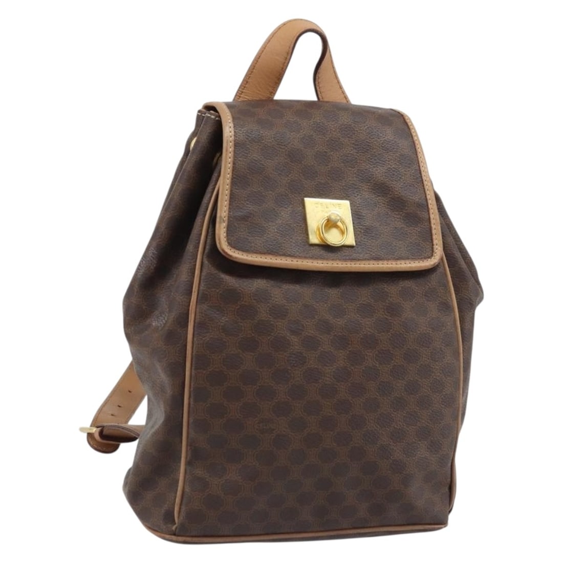 Celine Macadam Brown PVC Leather Backpack Gold Tone: Celine Macadam Brown PVC Leather Backpack Gold Tone Celine Macadam canvas backpack in brown with gold-tone accents, crafted with PVC leather trim. This women's backpack is made in Italy and includes o