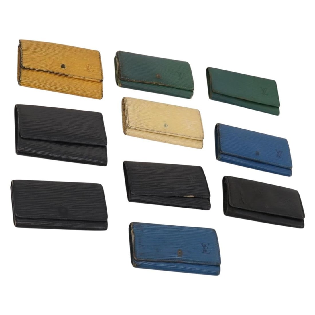 Louis Vuitton Epi Leather Key Case Set Black Yellow Blue Auth CB191: Louis Vuitton Epi Leather Key Case Set Black Yellow Blue Auth CB191 This is a set of 10 Louis Vuitton key cases crafted from Epi leather in black, yellow, and blue. The set is designed for women and o