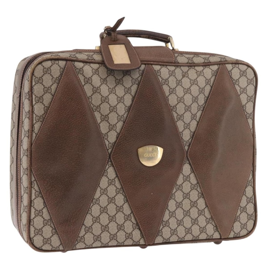 Gucci GG Supreme Beige Gold PVC Leather Trunk 187964: Gucci GG Supreme Beige Gold PVC Leather Trunk 187964 A Gucci GG Supreme trunk in beige and gold, made from PVC leather and crafted in Italy. The item measures approximately 44 cm W x 35 cm H x 14 cm D