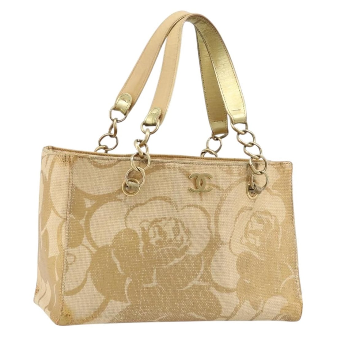 CHANEL Beige Gold Wood Tote Handbag with CC Logo: CHANEL Beige Gold Wood Tote Handbag with CC Logo Chanel tote bag in beige and gold with a wood exterior, made in Italy. This women's bag is offered without the original box or dust bag; only the item 