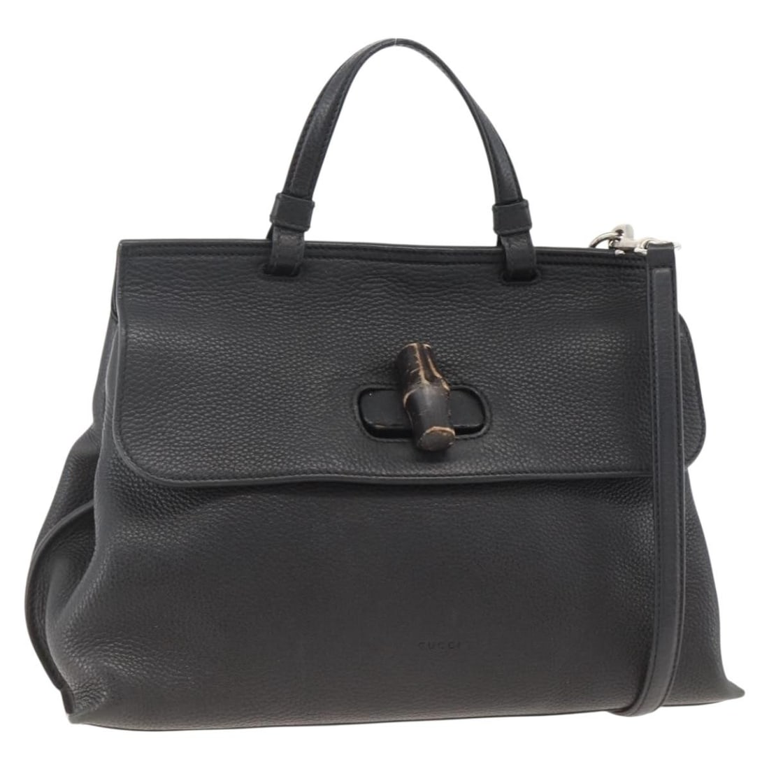 GUCCI 392013 leather 2way handbag with bamboo handle black silver: GUCCI 392013 leather 2way handbag with bamboo handle black silver This GUCCI Bamboo hand bag is crafted in leather with a black and silver exterior. It features a 2-way design and comes with a shoulde