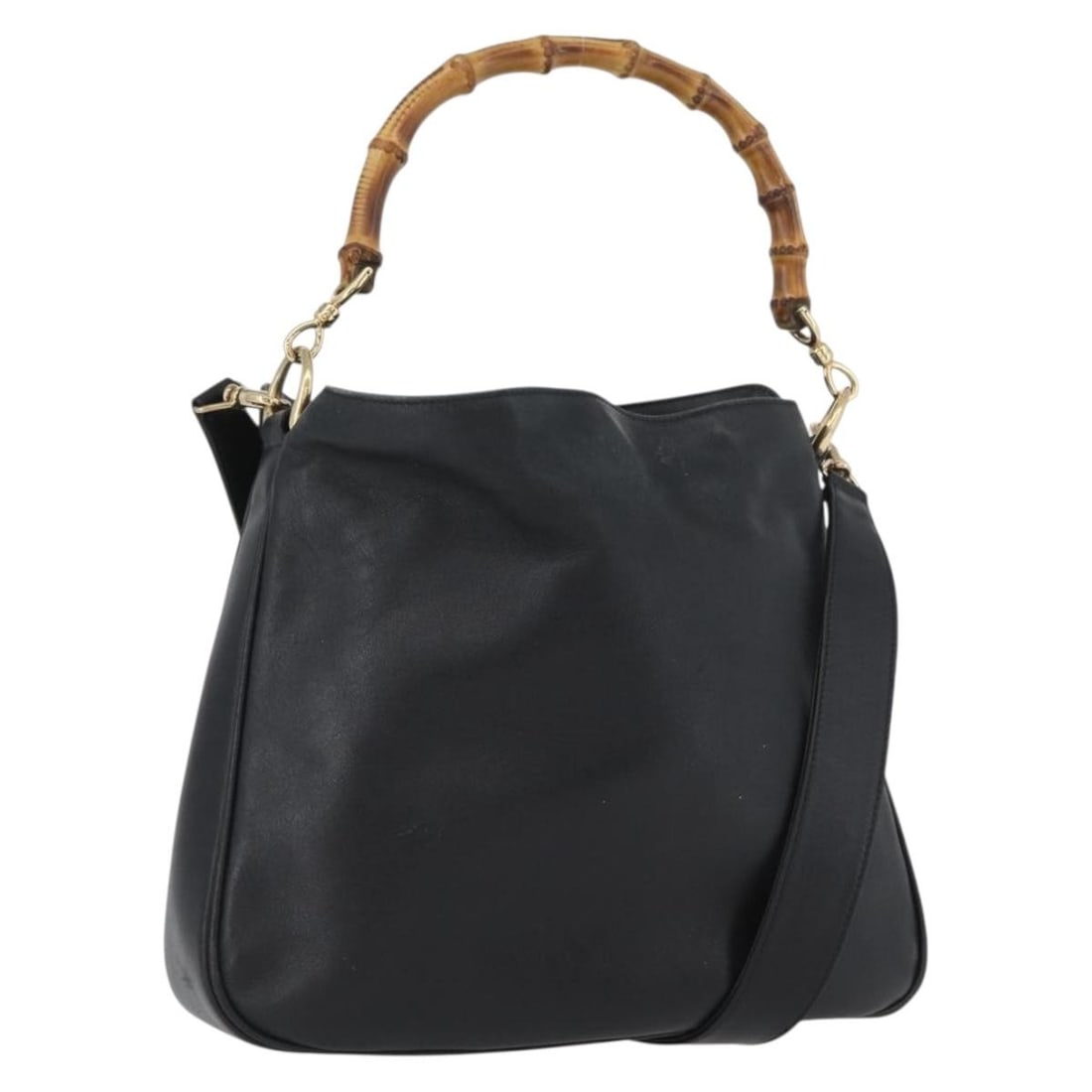 Gucci Bamboo Black Leather Two Way Handbag with Gold Accents 001 1998 1638: Gucci Bamboo Black Leather Two Way Handbag with Gold Accents 001 1998 1638 This GUCCI Bamboo Hand Bag is crafted from black leather and features a versatile 2-way design for hand or shoulder carry. Th