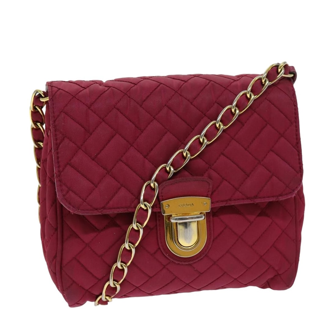 PRADA Pink Nylon Shoulder Bag with Chain Strap and Guarantee Card: PRADA Pink Nylon Shoulder Bag with Chain Strap and Guarantee Card Authentic Prada chain shoulder bag in pink nylon with a compact silhouette and shoulder-length strap. Made in Italy, this women's shou