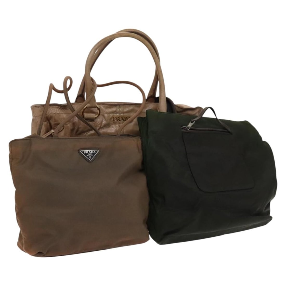 3 Piece PRADA Nylon Handbag Set Khaki Beige Leather Trim: 3 Piece PRADA Nylon Handbag Set Khaki Beige Leather Trim PRADA women's hand bag in khaki/beige nylon, made in Italy. This set is listed as a 3 set and is in heavily used condition. The item shows surf