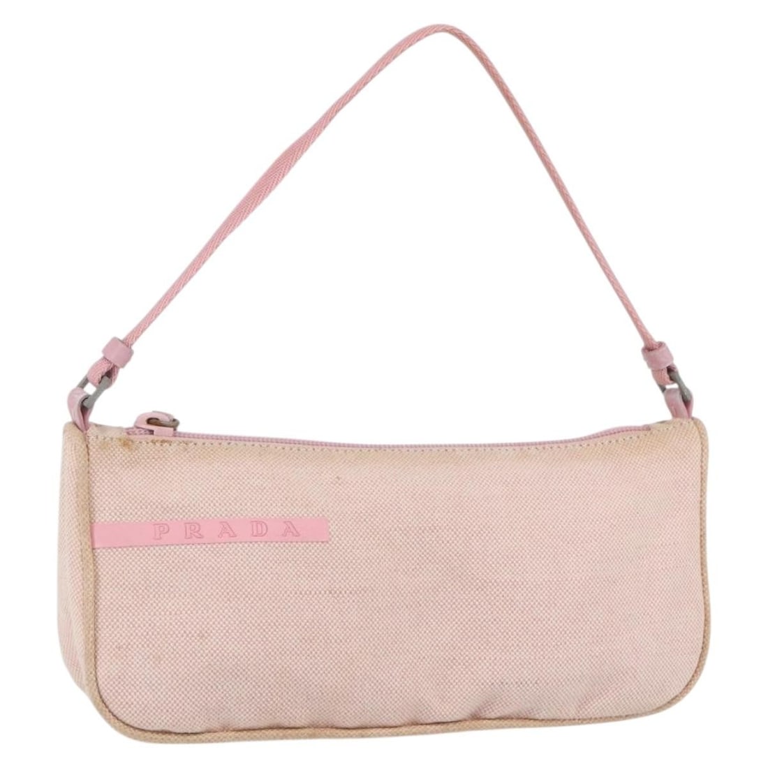 Prada pink canvas accessory pouch Italy women: Prada pink canvas accessory pouch Italy women This Prada accessory pouch is crafted from pink canvas and designed for women. Made in Italy, it features a compact silhouette with approximate dimensions