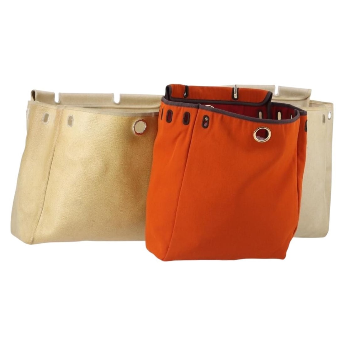 HERMES Hand Bag Coated Canvas 3 Piece Set Beige Orange Authentic: HERMES Hand Bag Coated Canvas 3 Piece Set Beige Orange Authentic This stylish HERMES hand bag features a chic design crafted from coated canvas in a sophisticated beige and orange color combination. T
