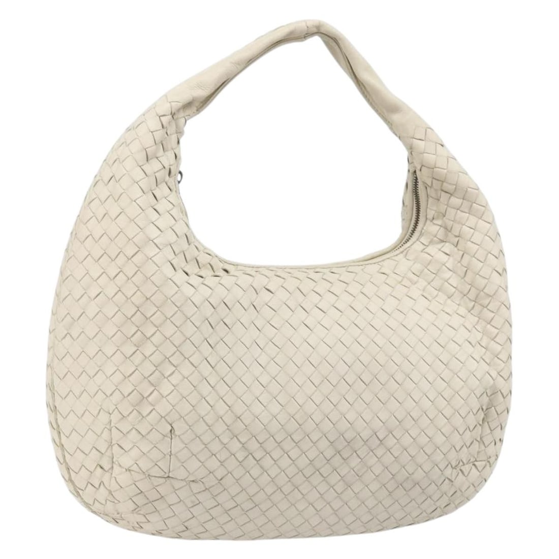 White Leather Intrecciato Hobo Shoulder Bag by Bottega Veneta: White Leather Intrecciato Hobo Shoulder Bag by Bottega Veneta This Bottega Veneta Intrecciato hobo handbag features white leather and showcases the brand's signature woven design. Made in Italy, the b