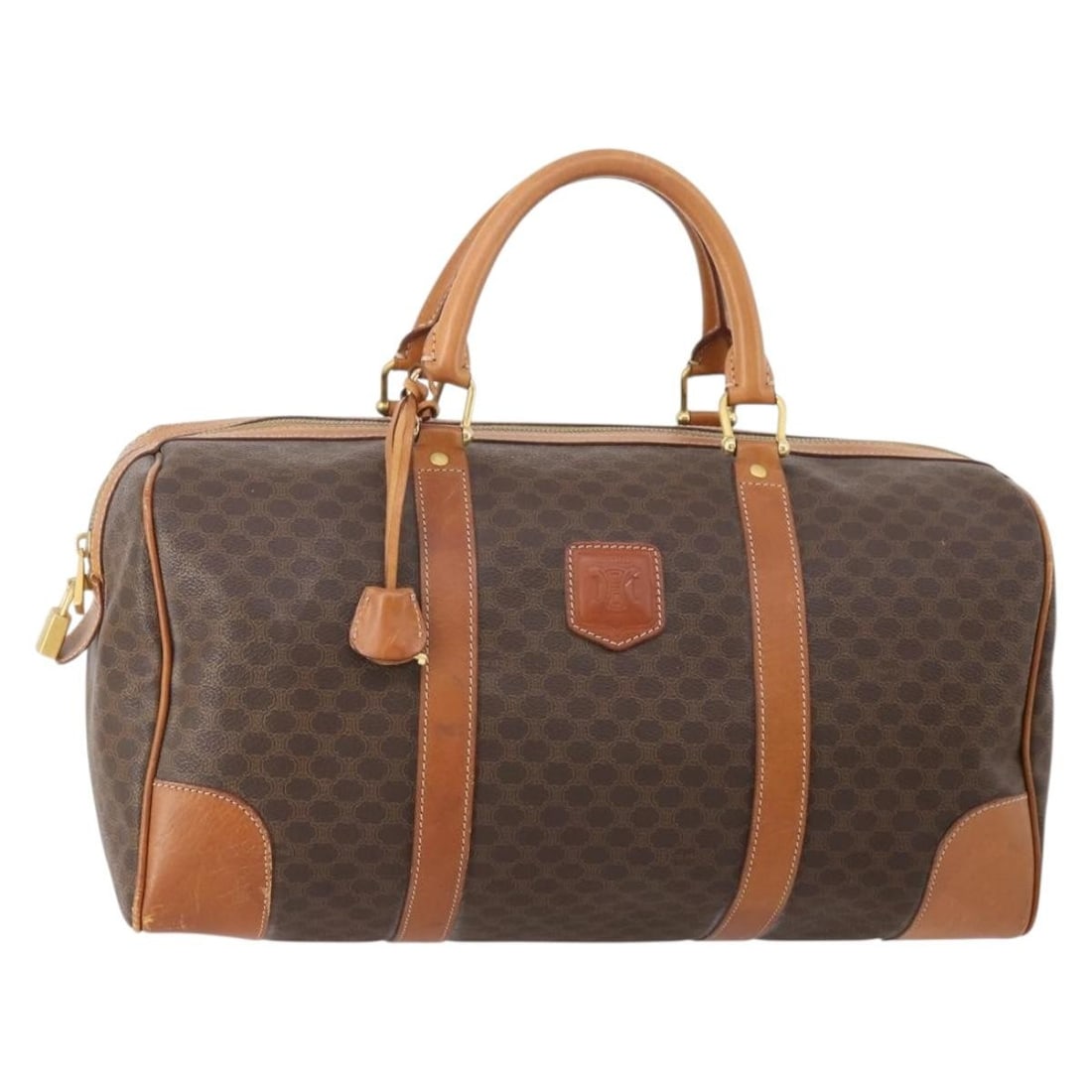CELINE Macadam Boston Bag Brown PVC Leather with Padlock Key Clochette: CELINE Macadam Boston Bag Brown PVC Leather with Padlock Key Clochette CELINE Boston bag in Macadam canvas and PVC leather, presented in brown and gold. Made in Italy, this women's bag measures approx