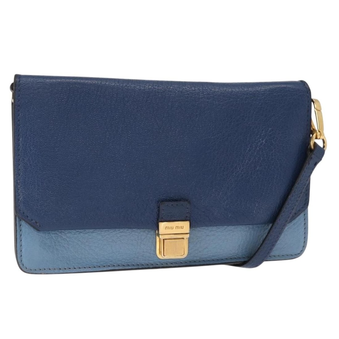 Miu Miu Leather Shoulder Bag Blue Gold Made in Italy: Miu Miu Leather Shoulder Bag Blue Gold Made in Italy This Miu Miu shoulder bag is a stylish accessory crafted from premium leather in an elegant blue and gold color combination. The bag features a com