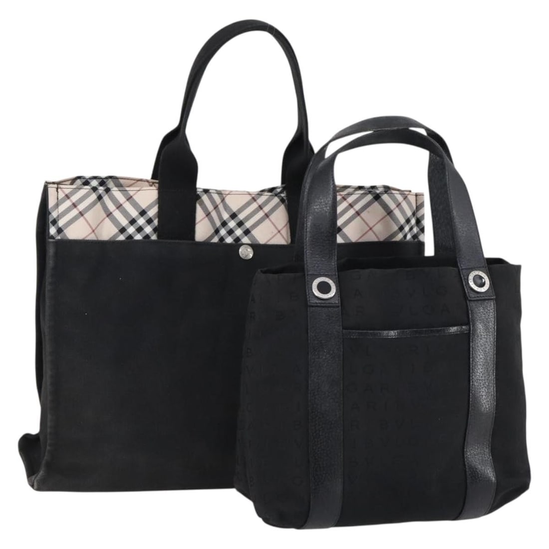 BVLGARI Burberry Nova Check Nylon Tote Bag Black Beige 2 Set: BVLGARI Burberry Nova Check Nylon Tote Bag Black Beige 2 Set This BVLGARI tote bag set features the classic Burberry Nova Check design in black and beige nylon canvas. Designed for women, the bags sho