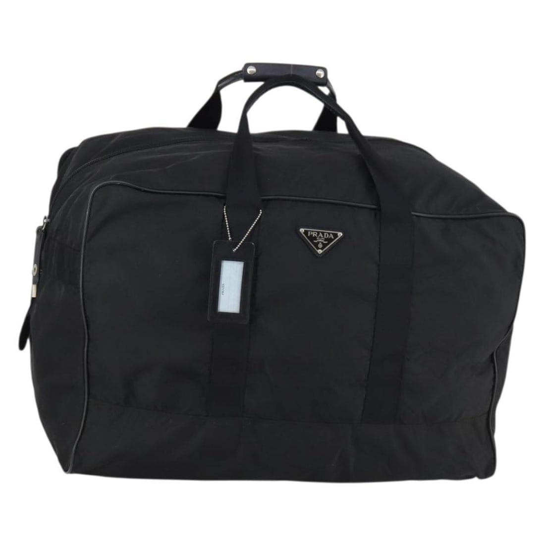 PRADA Nylon Boston Bag Black Silver with Padlock Key Clochette: PRADA Nylon Boston Bag Black Silver with Padlock Key Clochette Authentic Prada Boston bag in black nylon with silver-tone accents. Made in Italy, this women's bag includes a padlock, two keys, clochet