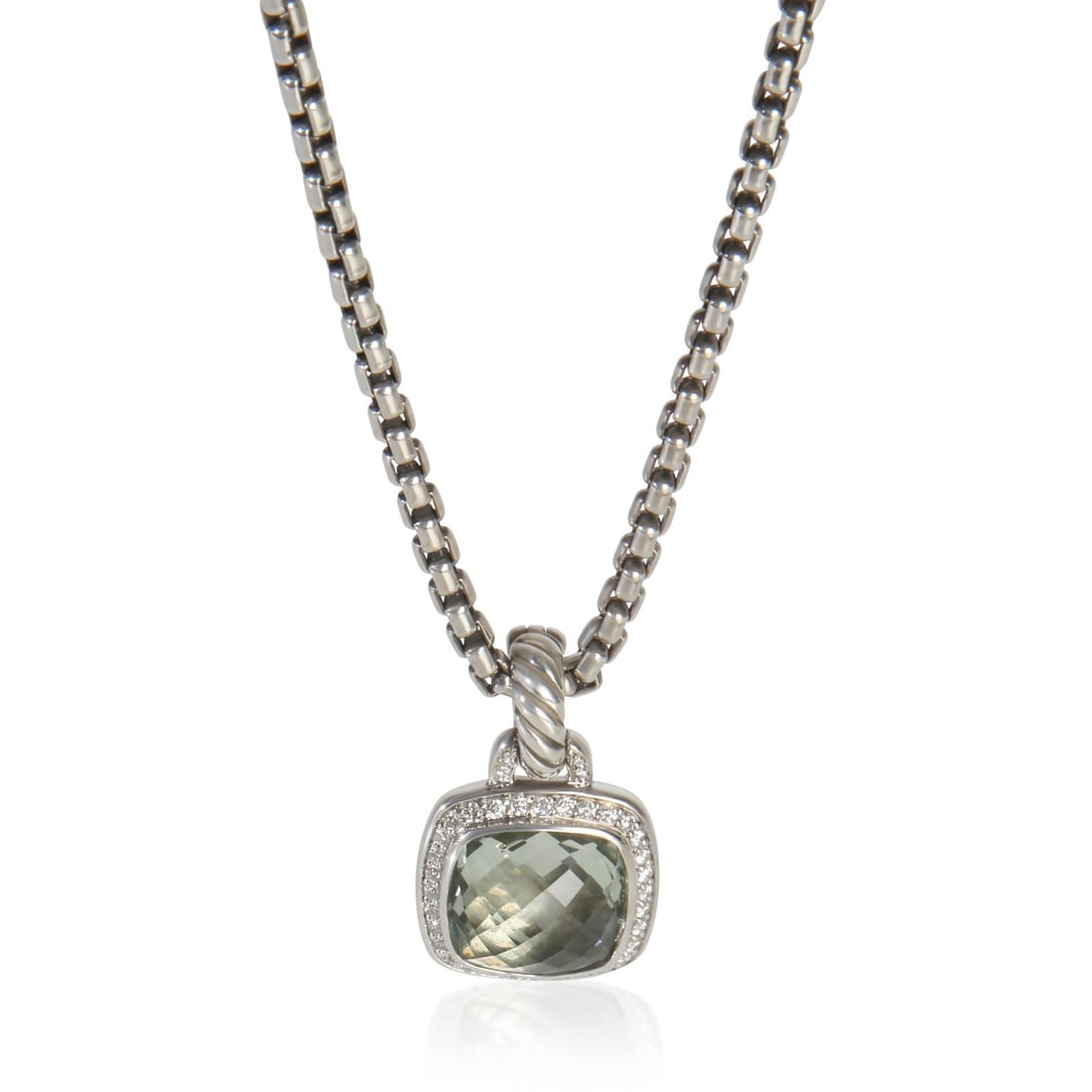 David Yurman Albion Sterling Silver Prasiolite Diamond Pendant Necklace: David Yurman Albion Sterling Silver Prasiolite Diamond Pendant Necklace A pre-owned David Yurman Albion pendant crafted in sterling silver with a prasiolite main stone and diamond side stones. The pen