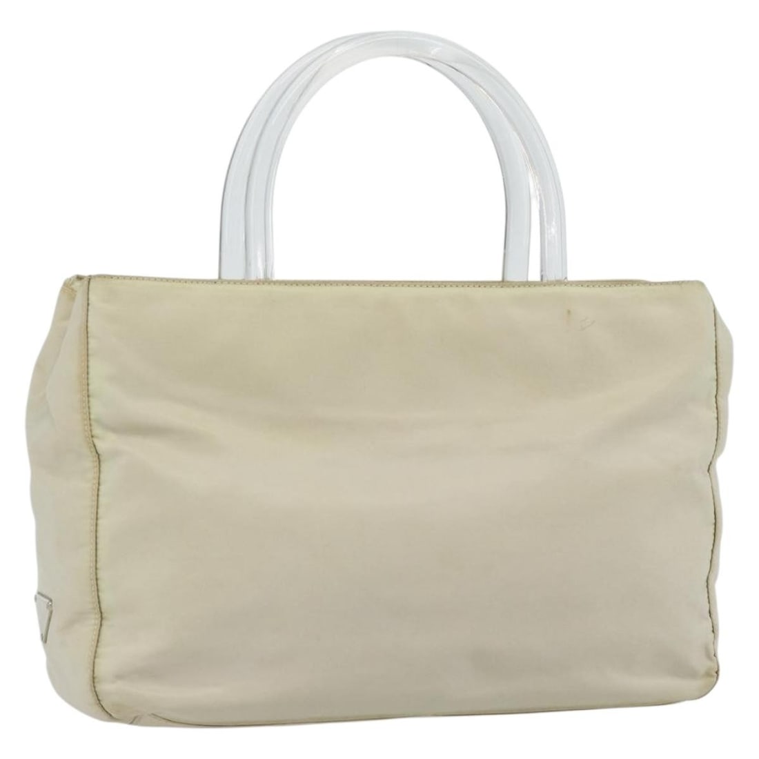 Prada ivory silver nylon handbag with guarantee card Italy: Prada ivory silver nylon handbag with guarantee card Italy This PRADA women's handbag is crafted from ivory and silver nylon and features a structured silhouette with dual handles. The bag includes a 