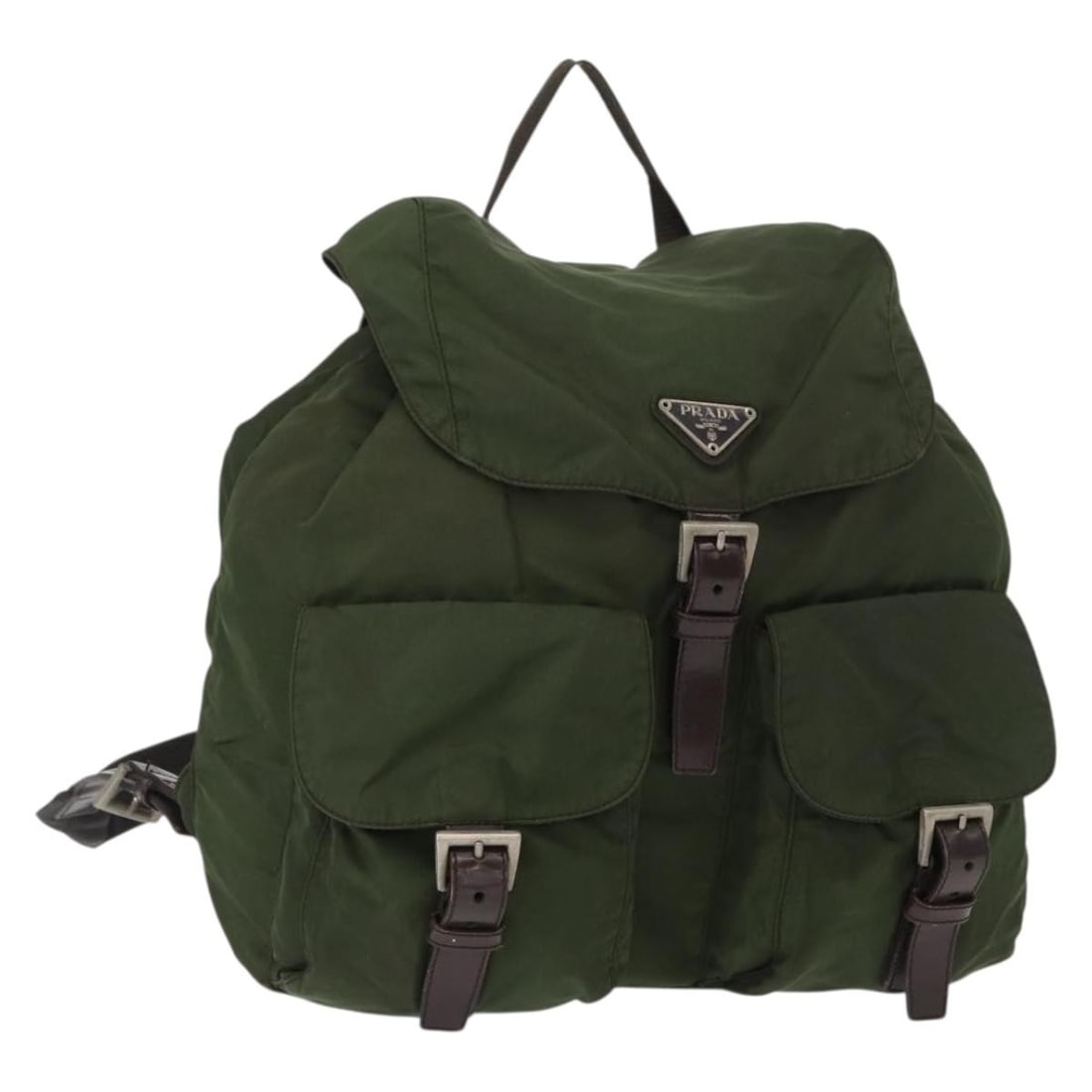 PRADA Khaki Silver Nylon Backpack Auth AM9947 Made in Italy: PRADA Khaki Silver Nylon Backpack Auth AM9947 Made in Italy This authentic PRADA backpack is crafted from durable nylon in a stylish khaki and silver color combination. Measuring approximately 11.4 in