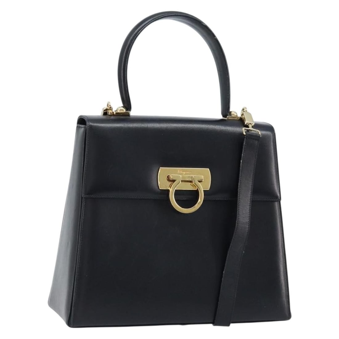 Salvatore Ferragamo Gancini 2way Leather Handbag Black Gold: Salvatore Ferragamo Gancini 2way Leather Handbag Black Gold Salvatore Ferragamo Gancini handbag in black and gold leather, designed as a 2-way style with a shoulder strap accessory. Made in Italy, thi