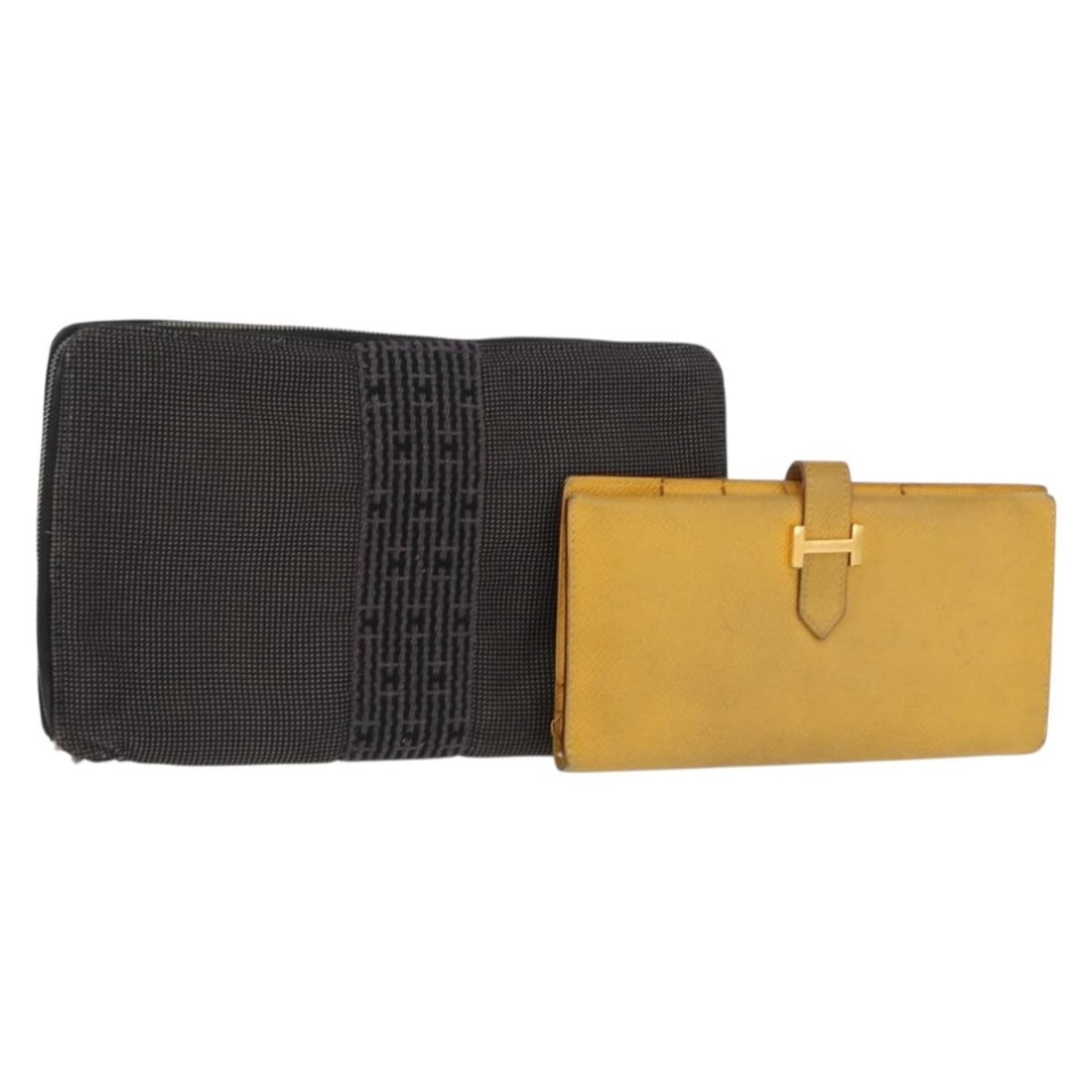 Set of 2 Hermes leather canvas wallets gray yellow France: Set of 2 Hermes leather canvas wallets gray yellow France Hermes wallet set in gray and yellow leather, made in France. This women's wallet is offered as shown in the photo and does not include the or