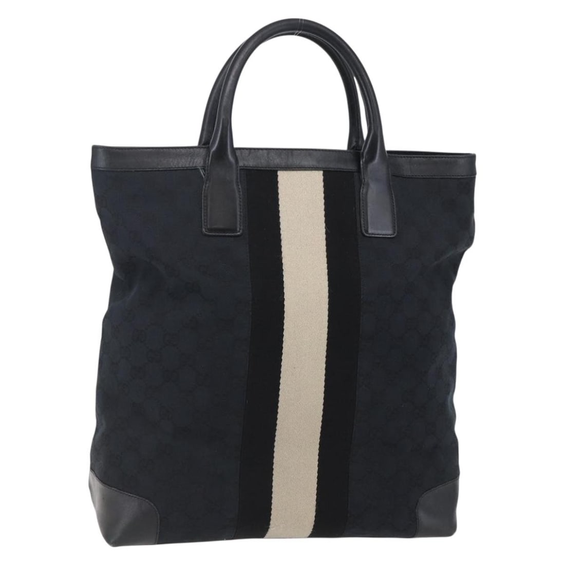 Gucci 002 1093 Sherry Line GG Canvas Handbag in Black: Gucci 002 1093 Sherry Line GG Canvas Handbag in Black Gucci Sherry Line handbag in black GG canvas, made in Italy. This women's bag is a heavily used piece with visible wear throughout, including loss