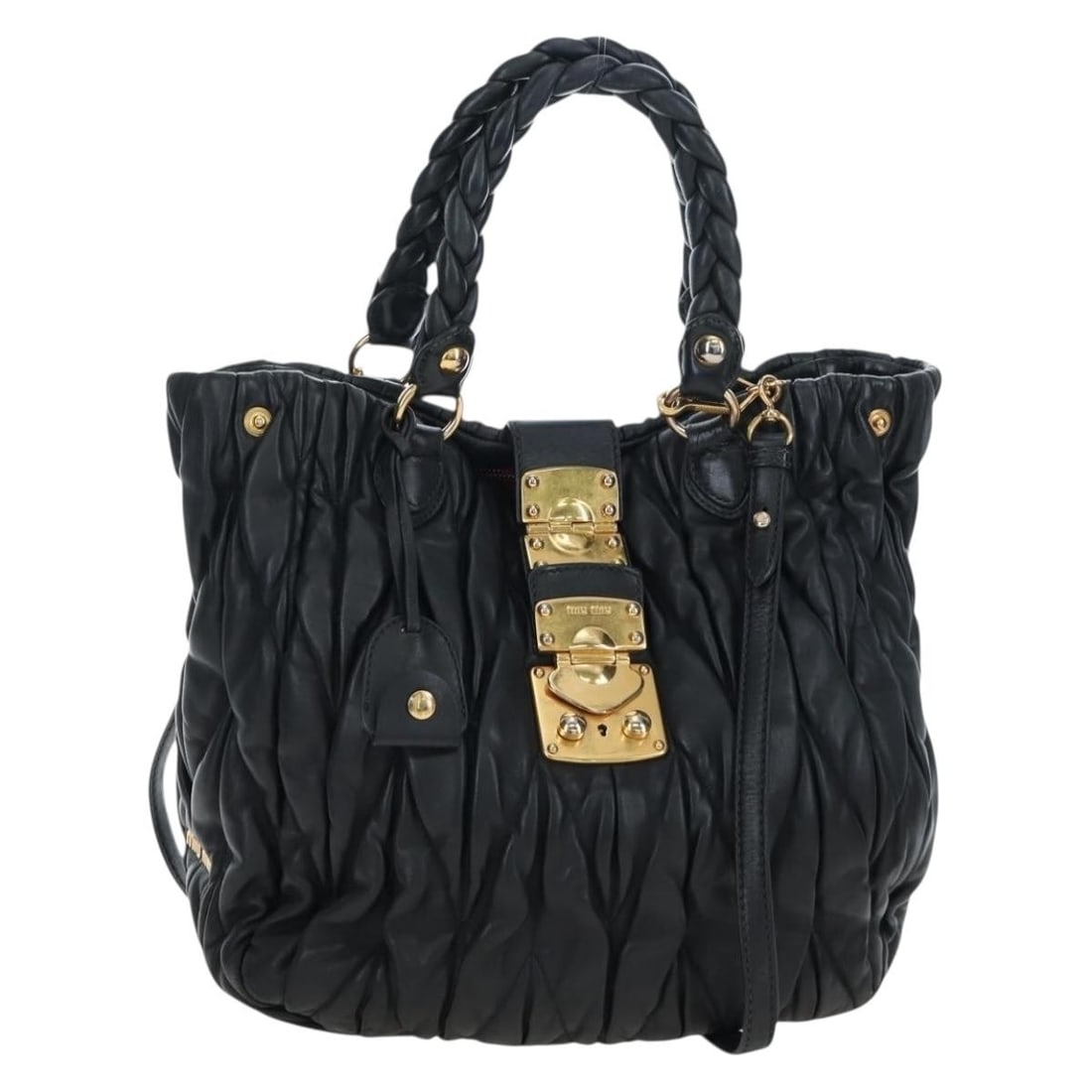 Miu Miu 2way Matelasse Leather Tote in Black with Gold Tone Hardware: Miu Miu 2way Matelasse Leather Tote in Black with Gold Tone Hardware Miu Miu Matelasse tote bag in black leather with gold-tone hardware. This 2-way style includes a shoulder strap and comes with the 