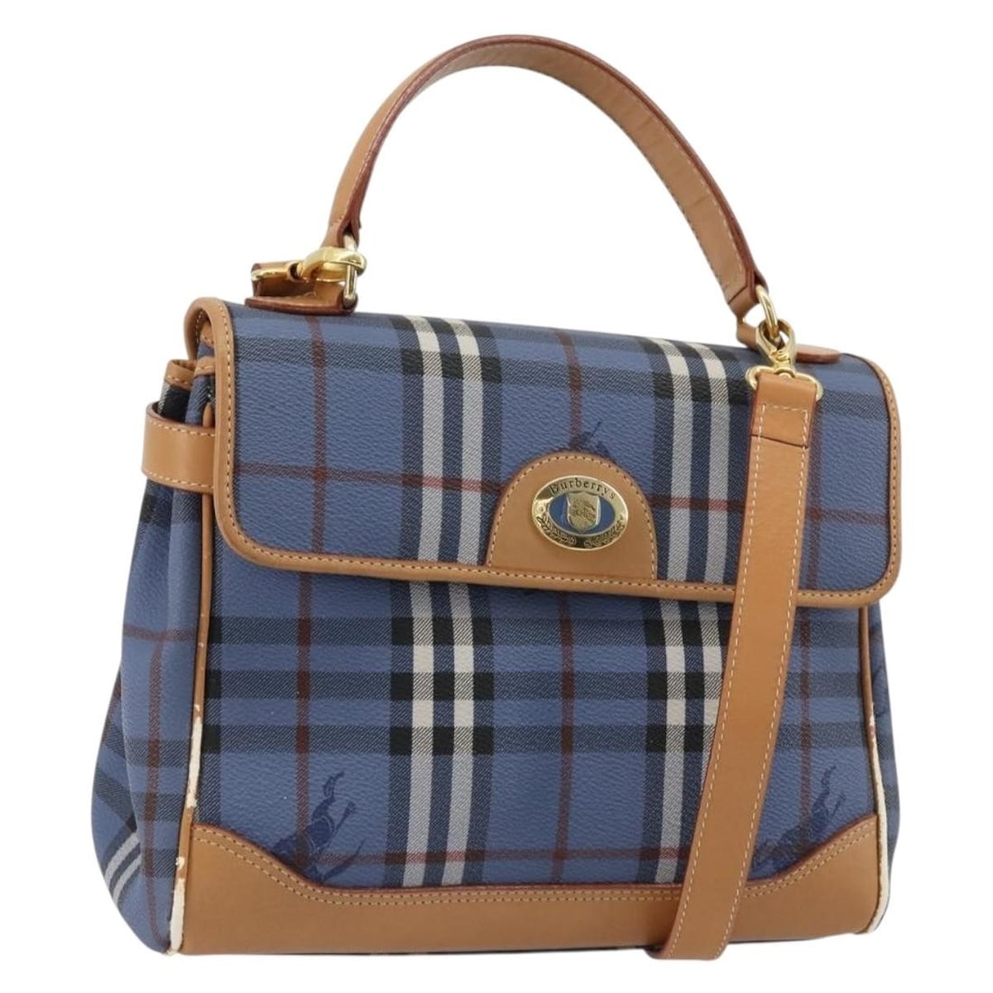 Burberrys Blue PVC Leather 2way Handbag with Shoulder Strap: Burberrys Blue PVC Leather 2way Handbag with Shoulder Strap Burberrys hand bag in blue and gold PVC leather, designed as a 2-way style with a shoulder strap accessory. Made in Italy, this bag measures