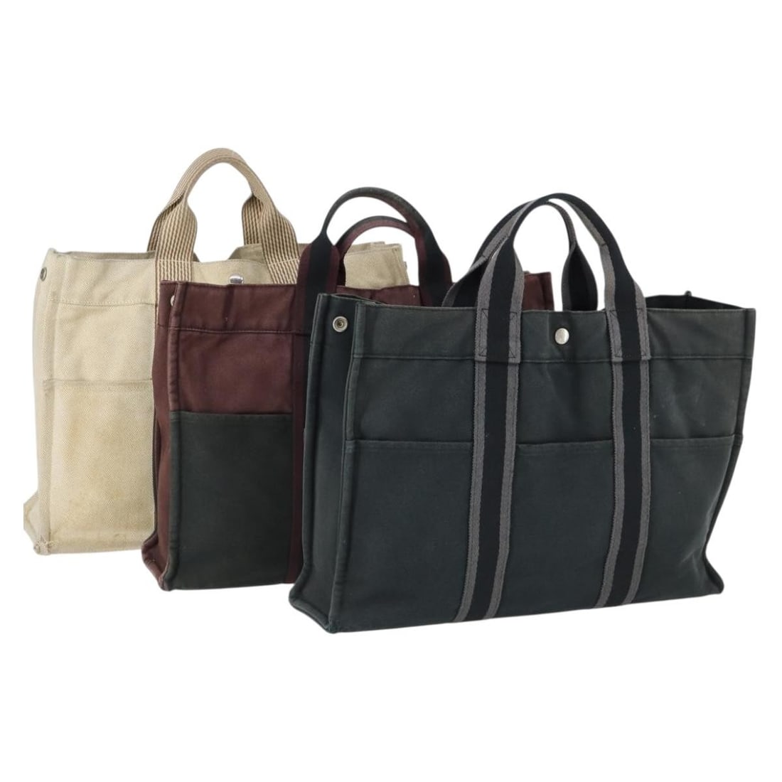 3 Piece Hermes Fourre Tout Canvas Handbag Set Beige Brown Black: 3 Piece Hermes Fourre Tout Canvas Handbag Set Beige Brown Black Hermes Fourre Tout hand bag set in beige, brown, and black canvas. This special set sale is offered in heavily used condition, with the 