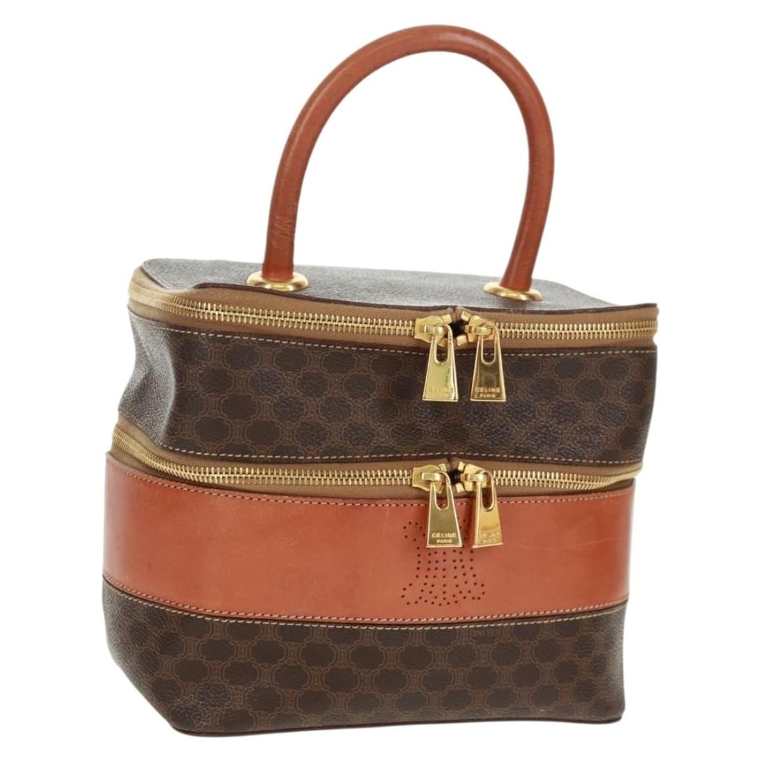 CELINE Macadam Vanity Hand Bag Brown PVC Leather with Dust Bag: CELINE Macadam Vanity Hand Bag Brown PVC Leather with Dust Bag A CELINE Vanity Macadam canvas handbag in brown and gold, made from PVC leather. It comes with a dust bag and was made in Italy. The bag 