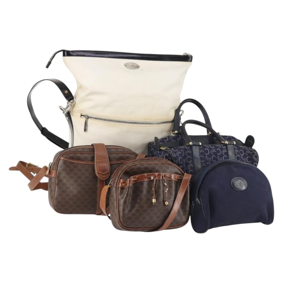 Set of 5 Celine Macadam C clutch bags canvas brown navy: Set of 5 Celine Macadam C clutch bags canvas brown navy A CELINE Macadam clutch bag in brown and navy canvas/Macadam canvas, made in Italy. This item is offered as a special bundle set, and only the i