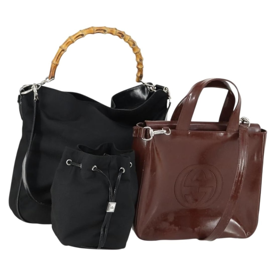 Gucci Nylon Handbag Pouch 3 Piece Set Black Brown: Gucci Nylon Handbag Pouch 3 Piece Set Black Brown GUCCI nylon hand bag in black and brown, made in Italy. This item is offered as a 3-piece set and is described as heavily used, with visible wear incl