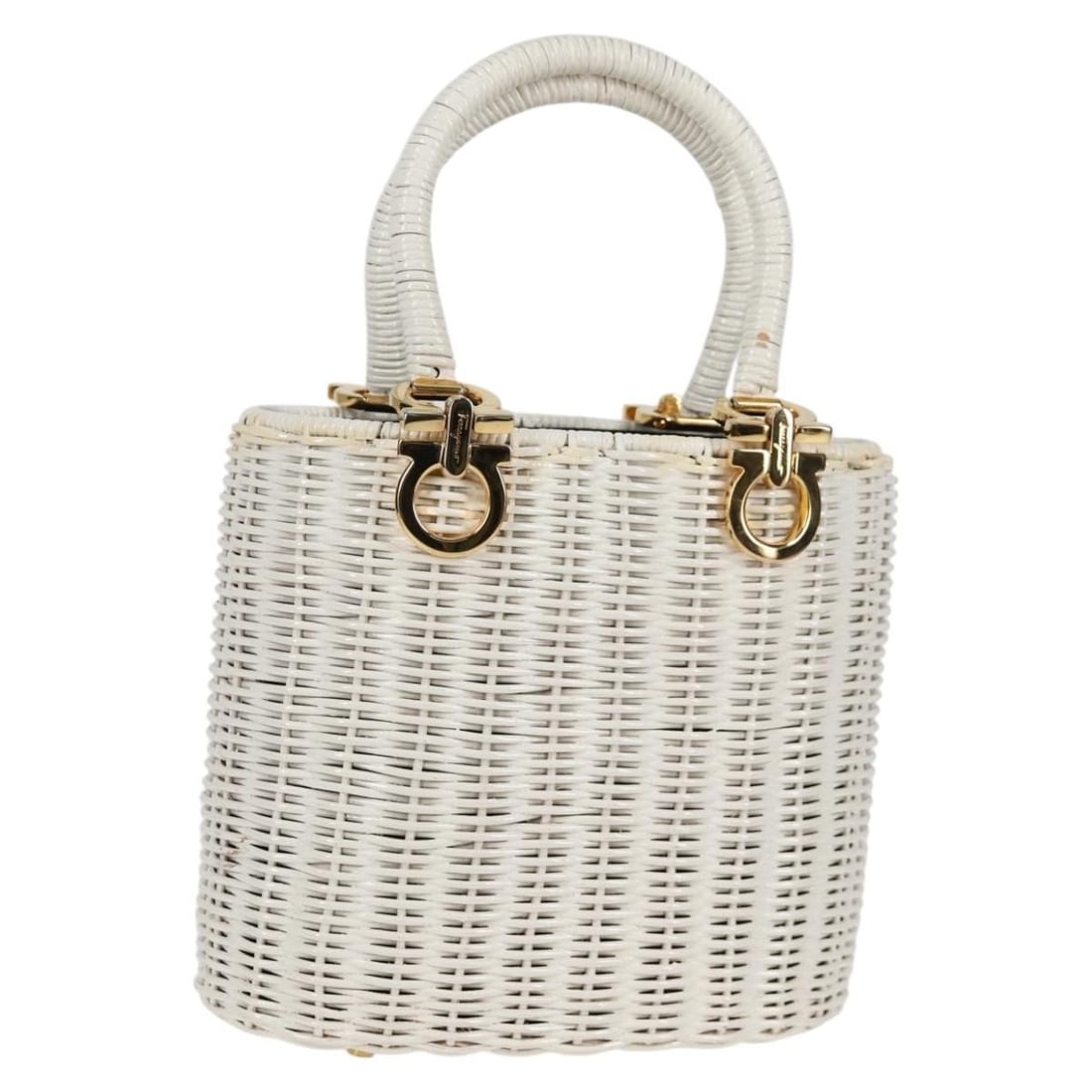 Salvatore Ferragamo Gancini white gold leather handbag with dust bag: Salvatore Ferragamo Gancini white gold leather handbag with dust bag Salvatore Ferragamo Gancini hand bag in white and gold, made in Italy. It is constructed of leather and comes with a dust bag. The 