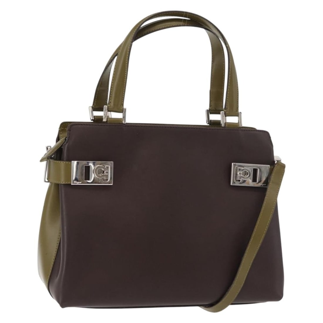 Salvatore Ferragamo Gancini patent leather brown silver handbag with strap: Salvatore Ferragamo Gancini patent leather brown silver handbag with strap This Salvatore Ferragamo Gancini 2-way handbag is crafted from brown patent leather with silver-tone accents. Designed for ve