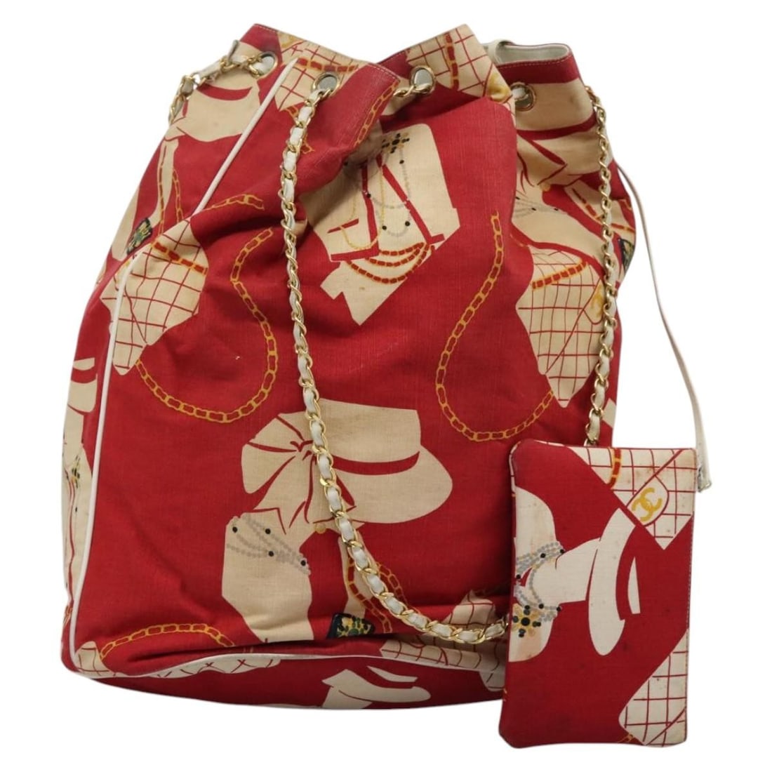 CHANEL Canvas Shoulder Bag Red Gold Tone CC with Pouch: CHANEL Canvas Shoulder Bag Red Gold Tone CC with Pouch CHANEL chain shoulder bag in red and gold canvas, made in Italy. It comes with a pouch and features a shoulder drop of approximately 13.4 inches 