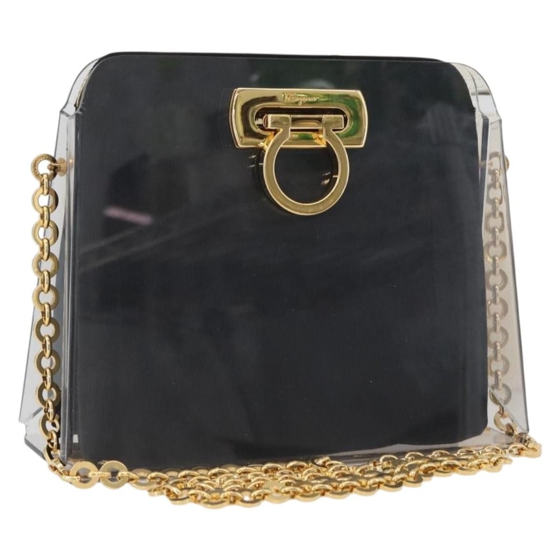 Salvatore Ferragamo Gancini 2way Clear Plastic Shoulder Bag Gold Tone: Salvatore Ferragamo Gancini 2way Clear Plastic Shoulder Bag Gold Tone Salvatore Ferragamo Gancini chain bag in clear and gold plastic with a 2-way shoulder bag design. Made in Italy, this women's bag 