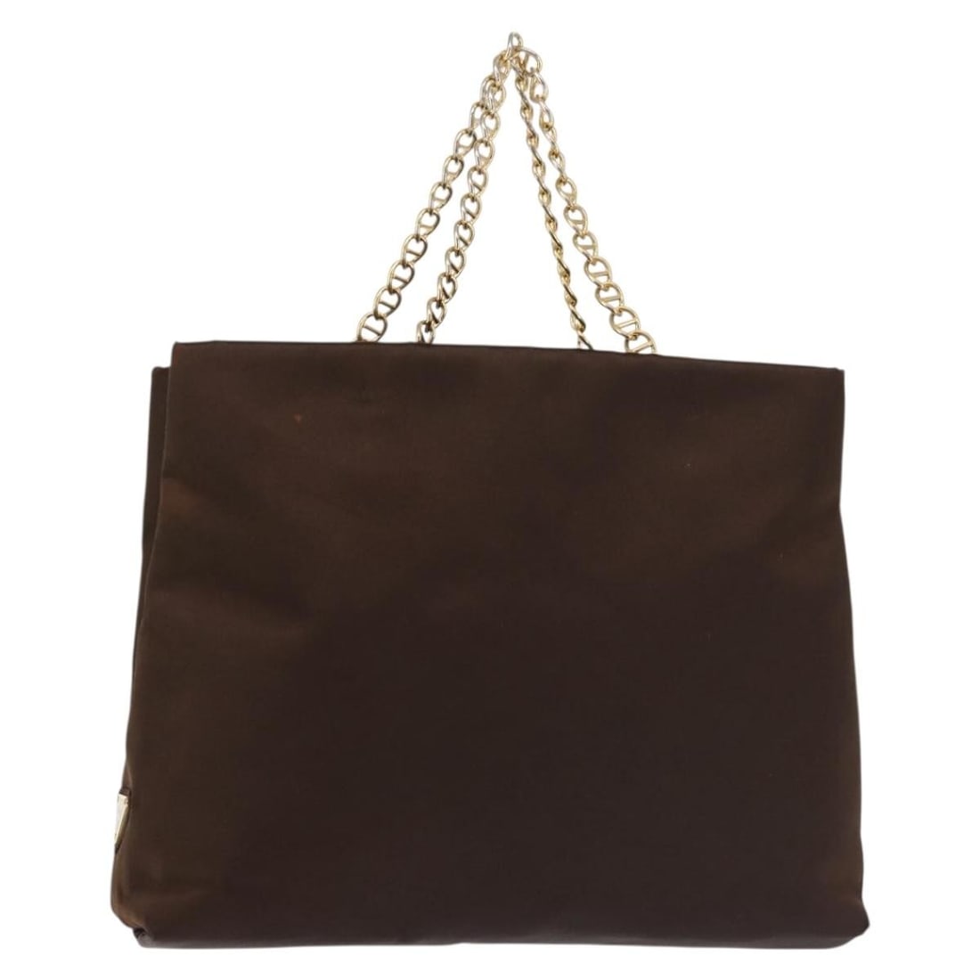 PRADA Brown Satin Chain Handbag with Gold Accents Auth SW1527: PRADA Brown Satin Chain Handbag with Gold Accents Auth SW1527 This exquisite PRADA hand bag is crafted from luxurious satin in a sophisticated brown and gold color combination. Designed in Italy, this