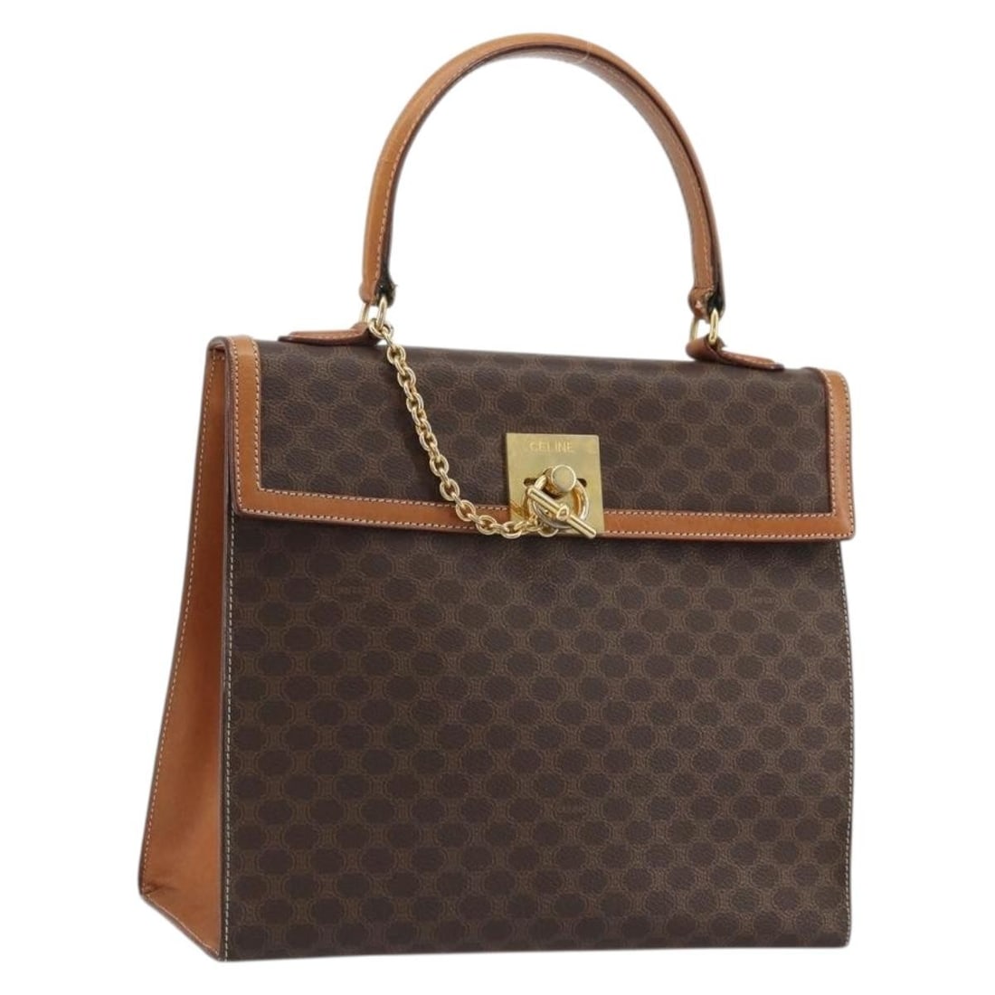 Celine Macadam Brown Canvas PVC Leather Handbag Gold Tone: Celine Macadam Brown Canvas PVC Leather Handbag Gold Tone A CELINE handbag in brown and gold, crafted from PVC leather and Macadam canvas. Made in Italy, it measures approximately 27 cm W x 23 cm H x 