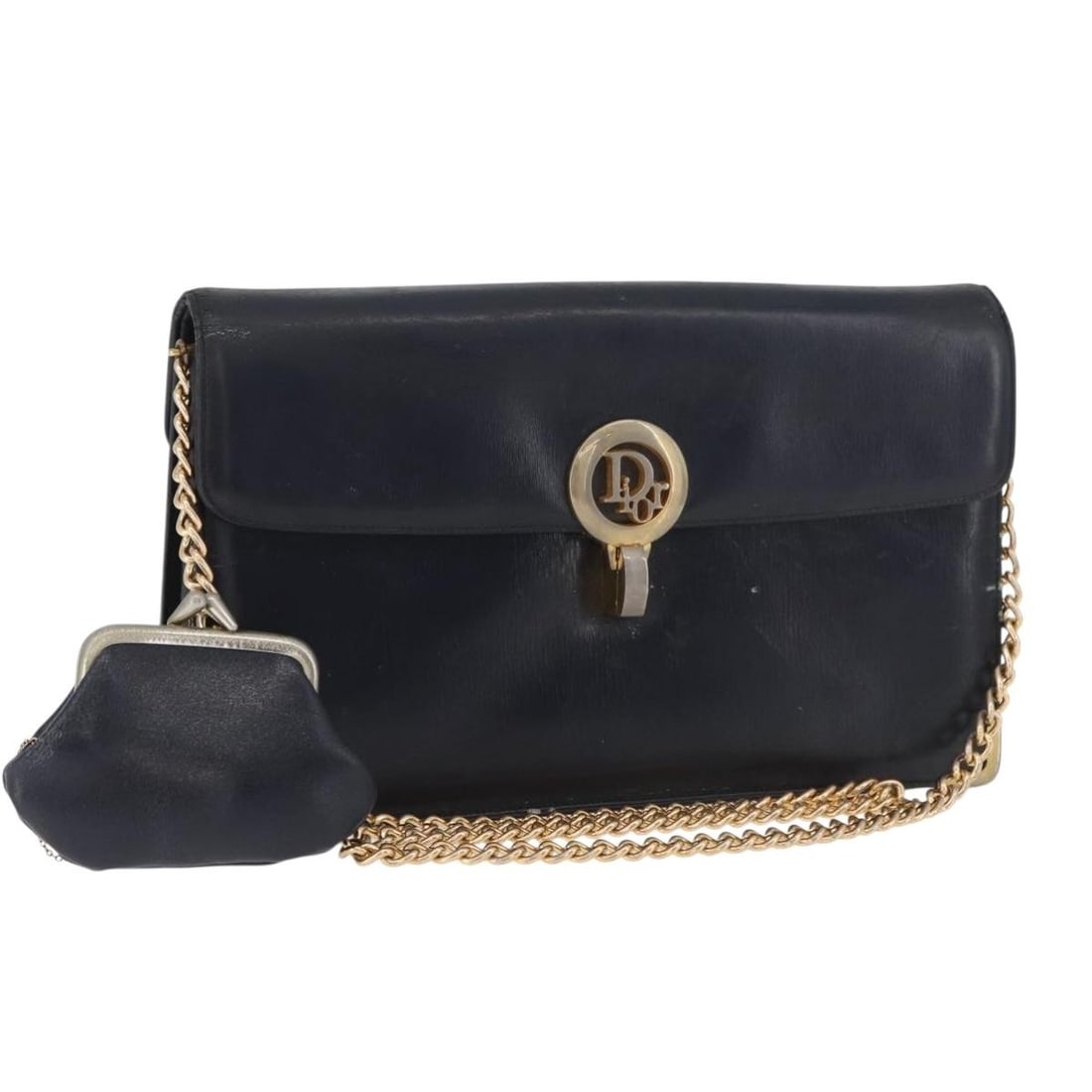 Christian Dior Leather Shoulder Bag Navy with Pouch: Christian Dior Leather Shoulder Bag Navy with Pouch Christian Dior shoulder bag in navy leather with gold-tone accents. This women's bag includes a pouch and features a chain shoulder strap. Condition