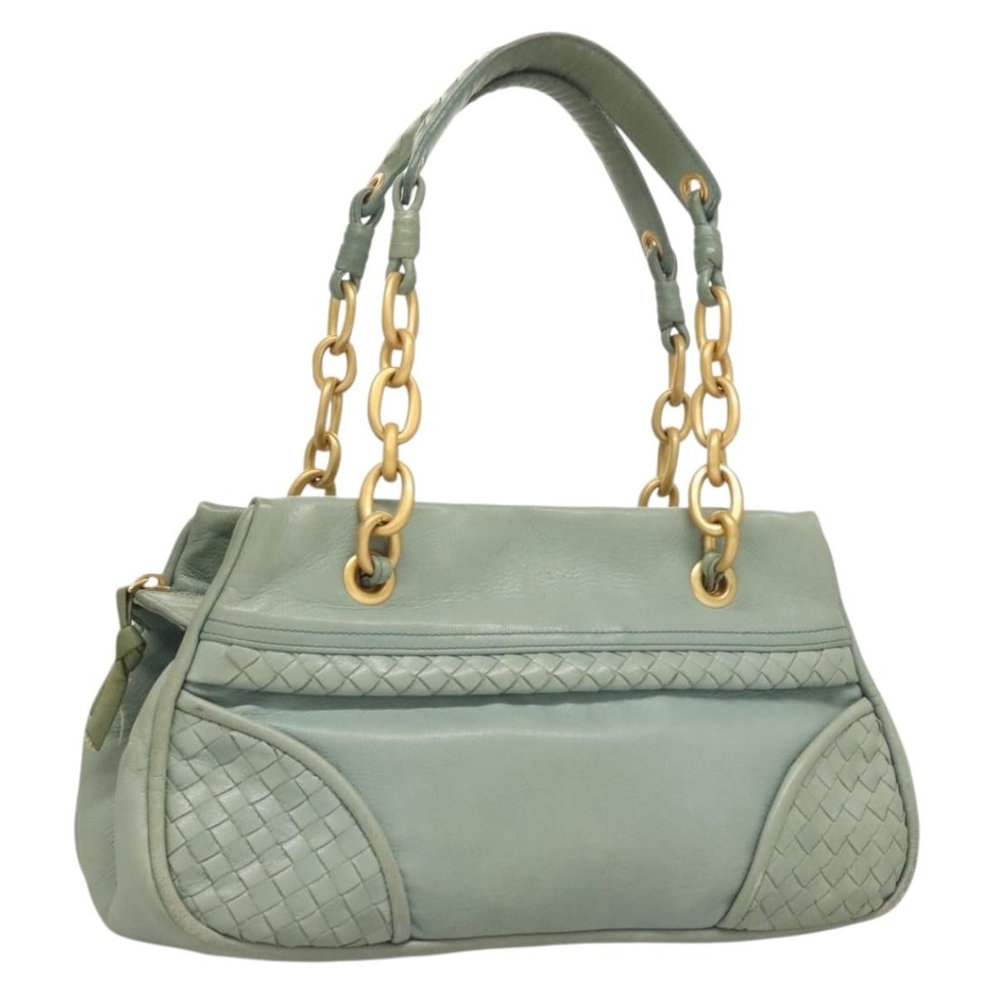 Bottega Veneta Intrecciato Leather Shoulder Bag Light Blue Gold Tone: Bottega Veneta Intrecciato Leather Shoulder Bag Light Blue Gold Tone Bottega Veneta Intrecciato shoulder bag in leather with a light blue and gold color scheme. Made in Italy, this women's bag measure