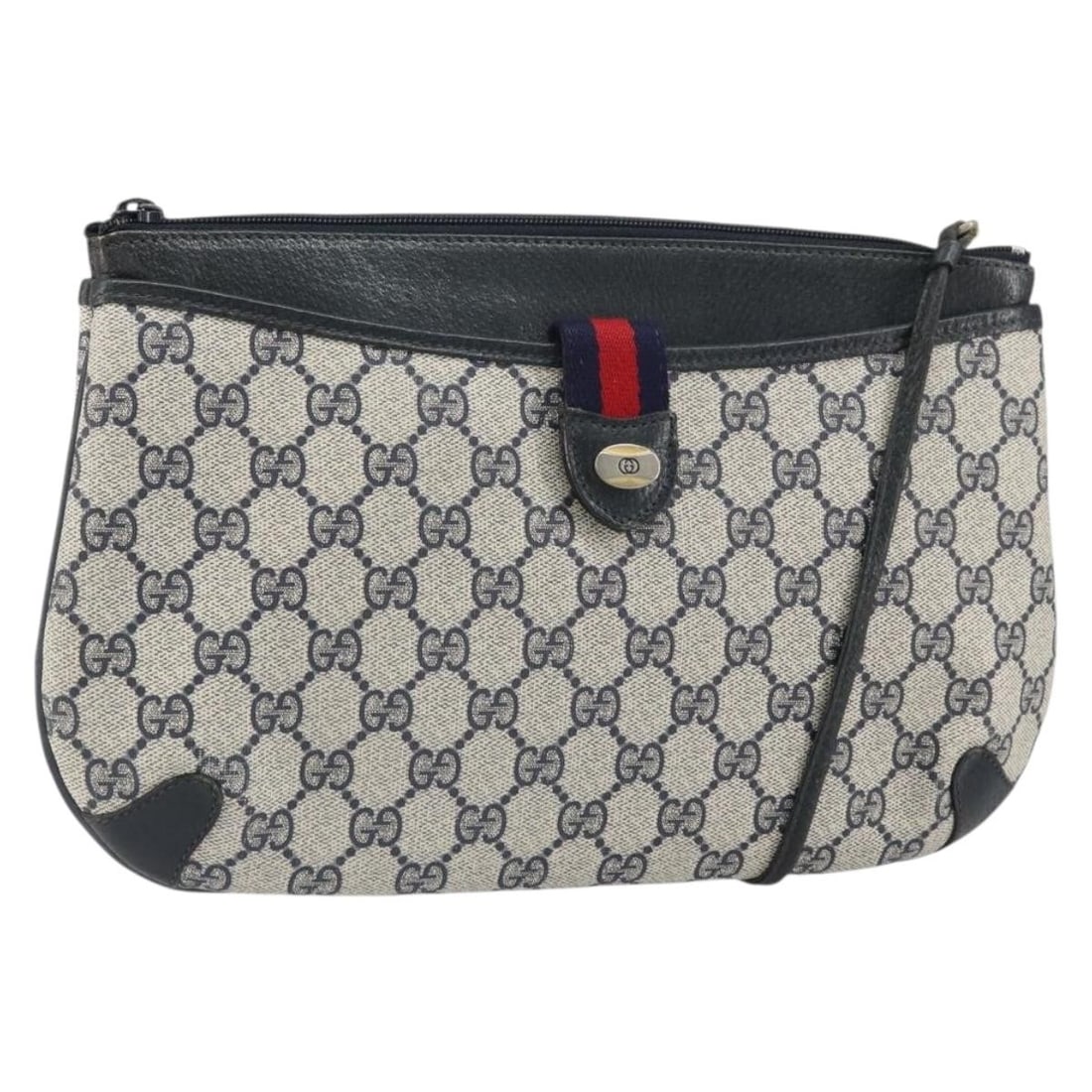 Gucci Navy GG Supreme Sherry Line PVC Shoulder Bag 39 02 026: Gucci Navy GG Supreme Sherry Line PVC Shoulder Bag 39 02 026 This GUCCI GG Supreme Sherry Line shoulder bag features navy and gold PVC leather with GG canvas. The bag is made in Italy and offers a cla