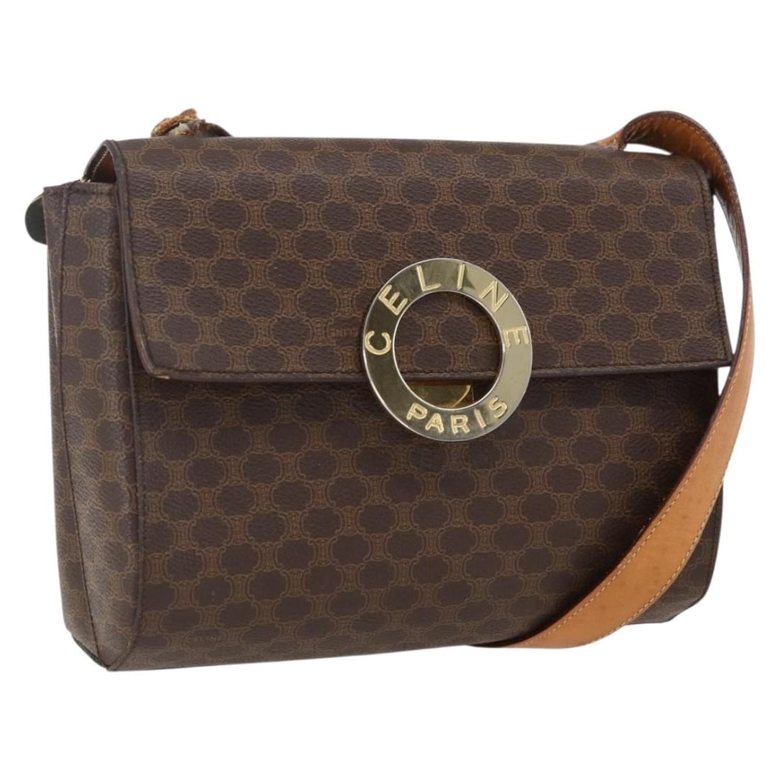 CELINE Macadam Circle Shoulder Bag Brown PVC Leather: CELINE Macadam Circle Shoulder Bag Brown PVC Leather CELINE Macadam Canvas Circle Shoulder Bag in brown and gold, made in Italy from PVC leather and Macadam canvas. Designed for women, this shoulder b