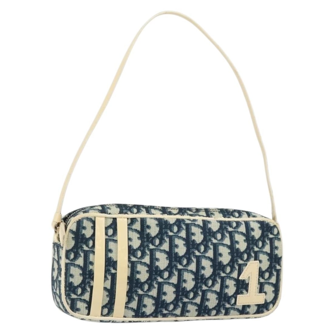 Christian Dior Trotter Shoulder Bag in Navy PVC Leather: Christian Dior Trotter Shoulder Bag in Navy PVC Leather Christian Dior Trotter canvas shoulder bag in navy and silver with PVC leather trim. Made in Italy, this women's shoulder bag features an adjust