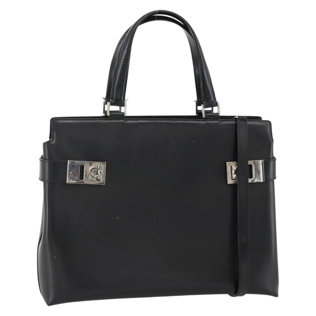 Salvatore Ferragamo Gancini Leather Black Silver 2way Handbag with Shoulder Strap: Salvatore Ferragamo Gancini Leather Black Silver 2way Handbag with Shoulder Strap This Salvatore Ferragamo Gancini handbag is crafted from black leather with silver-tone accents and offers both hand a