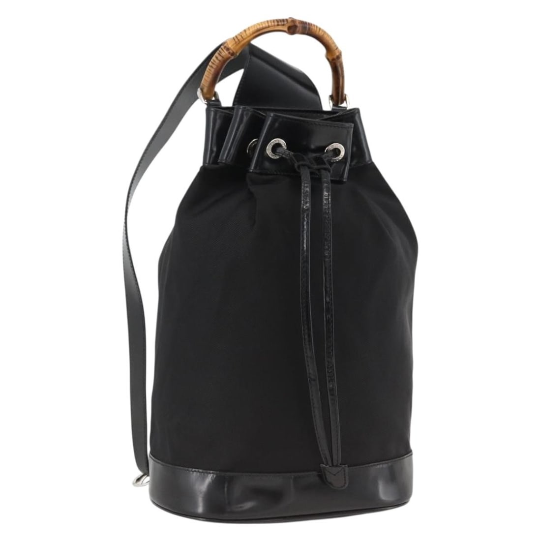 Black Nylon Body Bag with Bamboo Detail by Gucci 003 2113 0036: Black Nylon Body Bag with Bamboo Detail by Gucci 003 2113 0036 This is a Gucci Bamboo Body Bag designed for women, crafted from black and silver nylon. The bag is made in Italy and features a distinct