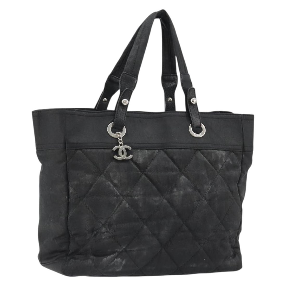 CHANEL Matelasse Coated Canvas Handbag Black Silver CC: CHANEL Matelasse Coated Canvas Handbag Black Silver CC CHANEL Matelasse hand bag in black and silver coated canvas, made in Italy. The bag measures approximately W34 cm x H30 cm x D14 cm, with a handl