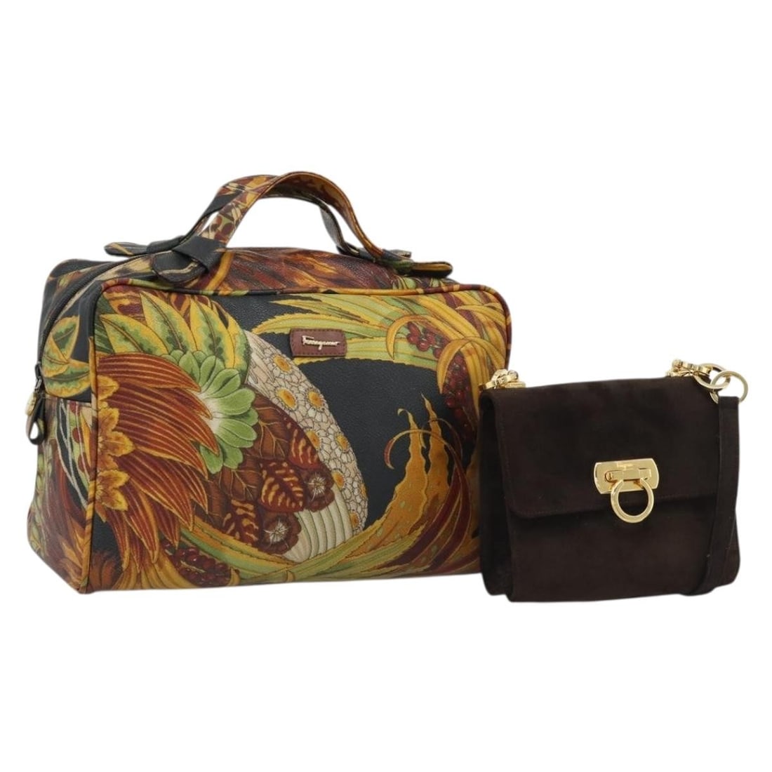 2 Piece Salvatore Ferragamo Gancini Handbag Set PVC Leather Black Brown: 2 Piece Salvatore Ferragamo Gancini Handbag Set PVC Leather Black Brown Salvatore Ferragamo Gancini hand bag set in black, brown, and gold, made from PVC leather and made in Italy. This special bundle
