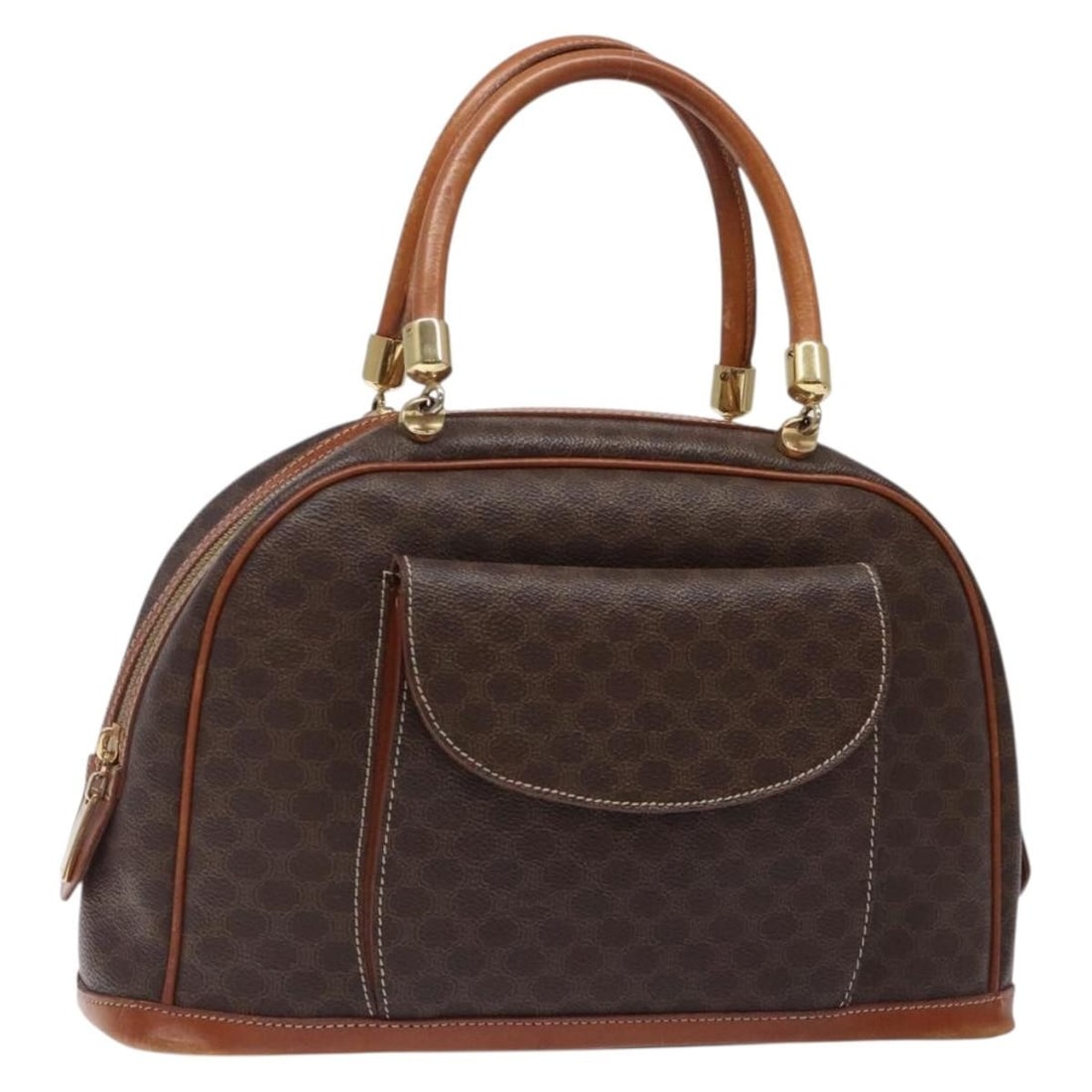 CELINE Macadam Brown PVC Leather Handbag Made in Italy: CELINE Macadam Brown PVC Leather Handbag Made in Italy A CELINE Macadam canvas hand bag made in Italy, crafted from PVC leather with a brown and gold color scheme. It features a handle drop of approxi