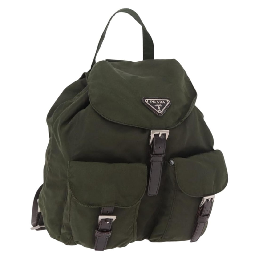 Khaki Nylon Backpack PRADA Silver Tone Made in Italy: Khaki Nylon Backpack PRADA Silver Tone Made in Italy PRADA backpack in khaki and silver nylon, made in Italy. The bag measures approximately W22 cm x H25 cm x D13 cm (W8.7 x H9.8 x D5.1 inches). It is
