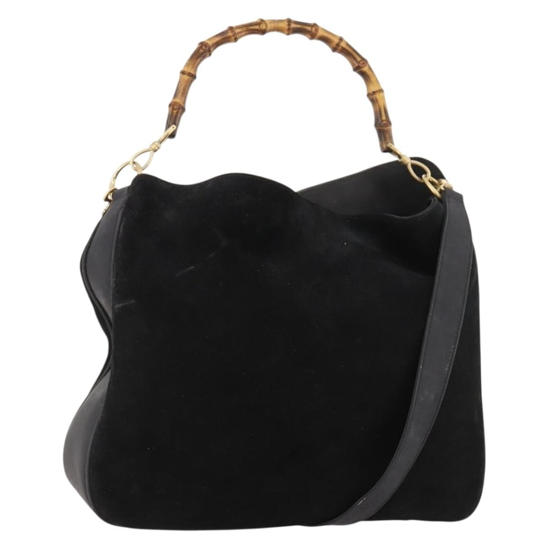 Gucci Bamboo 2 Way Suede Shoulder Bag Black Gold Strap: Gucci Bamboo 2 Way Suede Shoulder Bag Black Gold Strap This GUCCI Bamboo Shoulder Bag is crafted from black and gold suede and offers versatile 2-way carrying with both a shoulder strap and handle. Ma