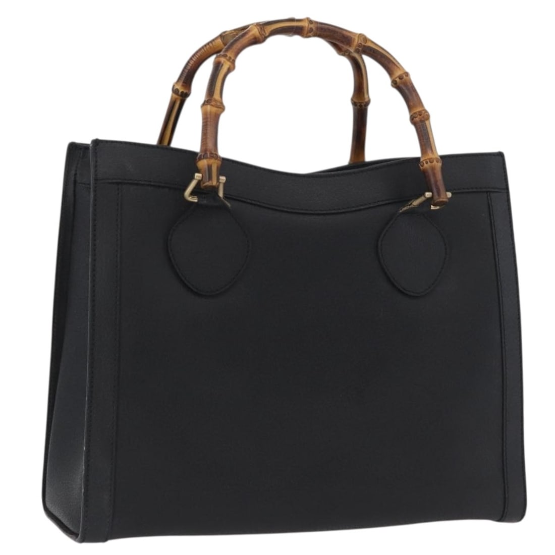 Gucci 002 1186 0260 Black Leather Bamboo Handbag: Gucci 002 1186 0260 Black Leather Bamboo Handbag Gucci Bamboo hand bag in black and gold leather, made in Italy. This women's hand bag measures approximately 34 cm wide, 28 cm high, and 14 cm deep, wi