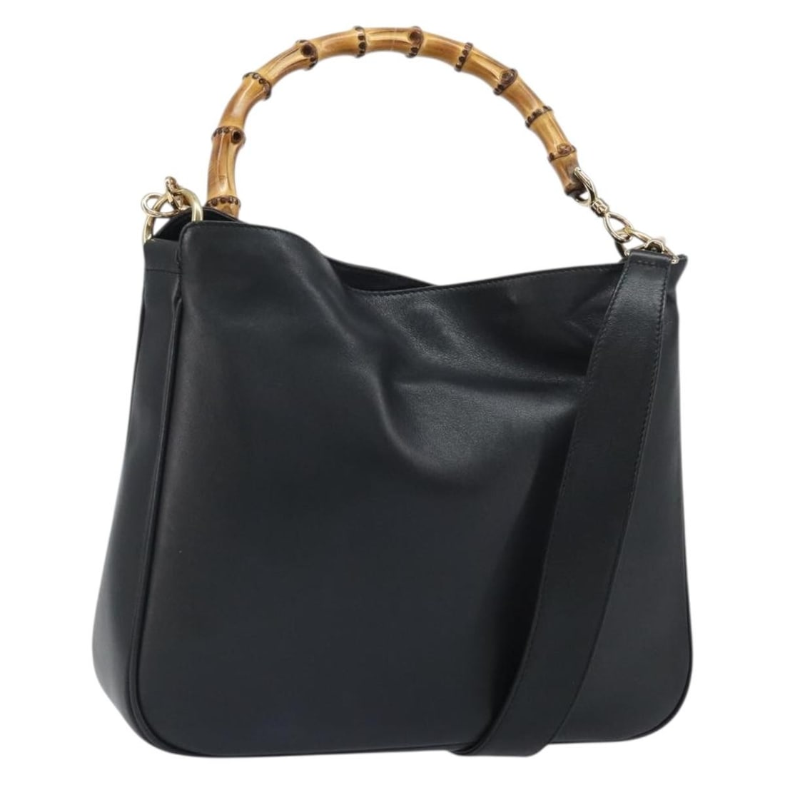 Gucci Leather Bamboo 2way Handbag Black Gold 001 1998 1638: Gucci Leather Bamboo 2way Handbag Black Gold 001 1998 1638 This Gucci Bamboo Hand Bag features black leather with gold-tone hardware. It offers versatile carrying options with both a handle and an adj