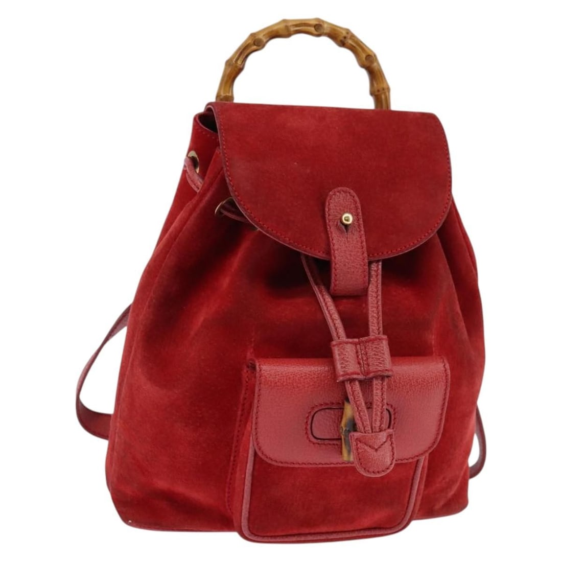 GUCCI Bamboo Backpack Suede Red Gold 003 8030 Authentic Italy: GUCCI Bamboo Backpack Suede Red Gold 003 8030 Authentic Italy Elevate your style with this authentic GUCCI Bamboo Backpack, crafted from luxurious suede in a striking red and gold combination. This ve