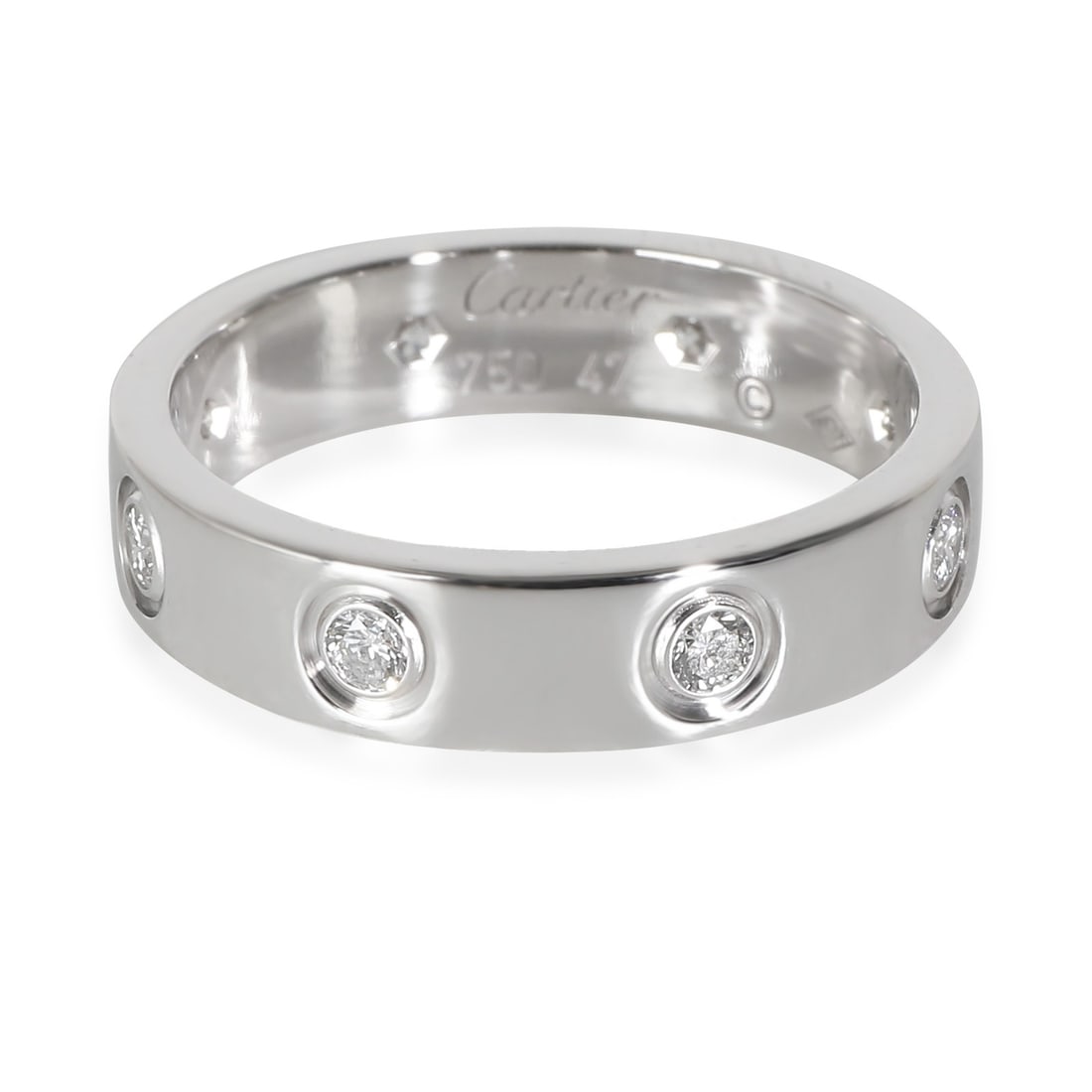 Cartier Love Small Model 18k White Gold Diamond Ring Size 47: Cartier Love Small Model 18k White Gold Diamond Ring Size 47 This pre-owned Cartier Small Model Love Ring is crafted from 18k white gold and features round brilliant white diamonds with a total carat 